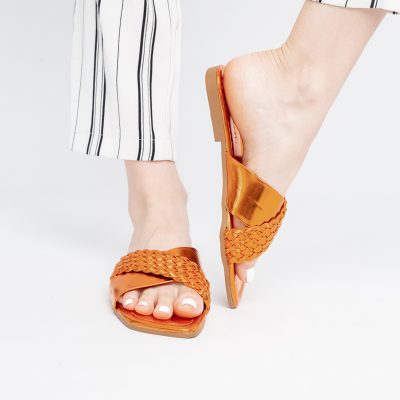 Saboți din Piele eco cu Model Împletit în Nuanțe de portocaliu Metalic (BS616TR2404051)