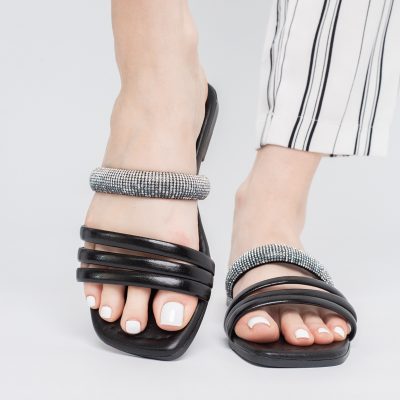 Saboți fără toc cu pietricele Piele Ecologica negru metalic (BS621TR2404059)