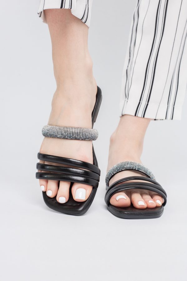 Saboți fără toc cu pietricele Piele Ecologica negru metalic (BS621TR2404059) 119