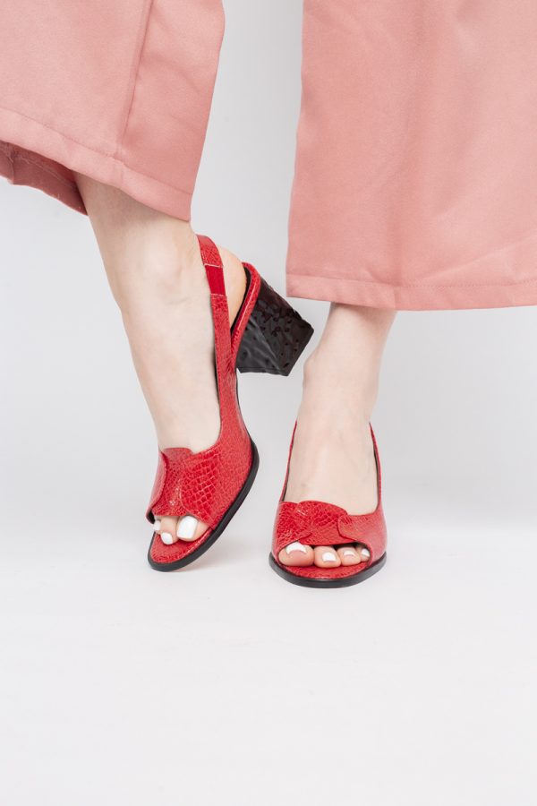 Sandale cu Toc gros Varf Rotund piele ecologică txturată culoare Rosu (BS671SN2404077) 121