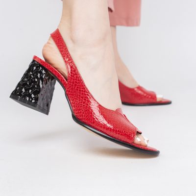 Sandale cu Toc gros Varf Rotund piele ecologică txturată culoare Rosu (BS671SN2404077)
