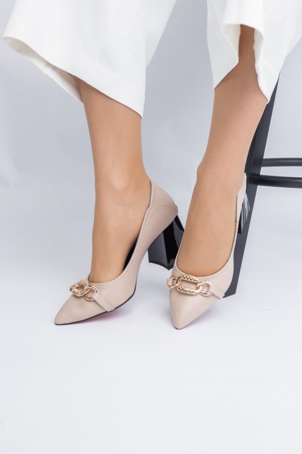 Pantofi Damă cu Toc Gros din Piele Ecologică cu Elemente Metalice Taupe(BS2004D2402774) 123