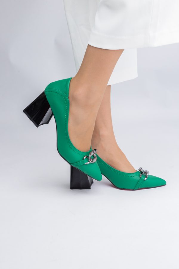 Pantofi Damă cu Toc Gros din Piele Ecologică cu Elemente Metalice Verde (BS2004D2402772) 121