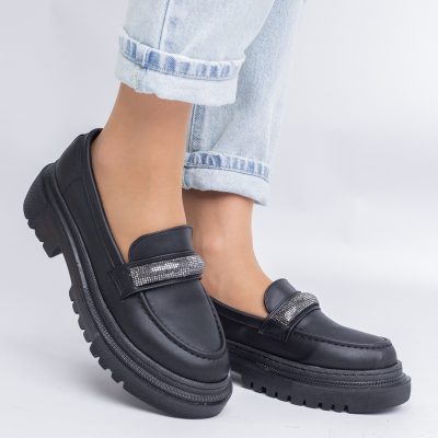 Pantofi Loafers Dama Piele Eco Negru mat Varf Rotund - BS206AY2402770