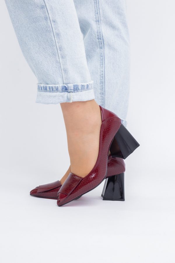 Pantofi Damă cu Toc Gros din Piele Ecologică Bordo (BS2002D2403833) 121