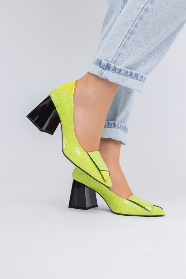 Pantofi Damă cu Toc Gros din Piele Ecologică Verde Lemon (BS2002D2403834) 119