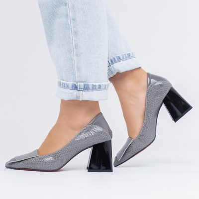 Pantofi Damă cu Toc Gros din Piele Ecologică Gri (BS2002D2403835)