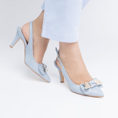 Pantofi Damă cu Toc Subțire din Piele Ecologică cu Elemente Metalice Albastru BS700AY2402789