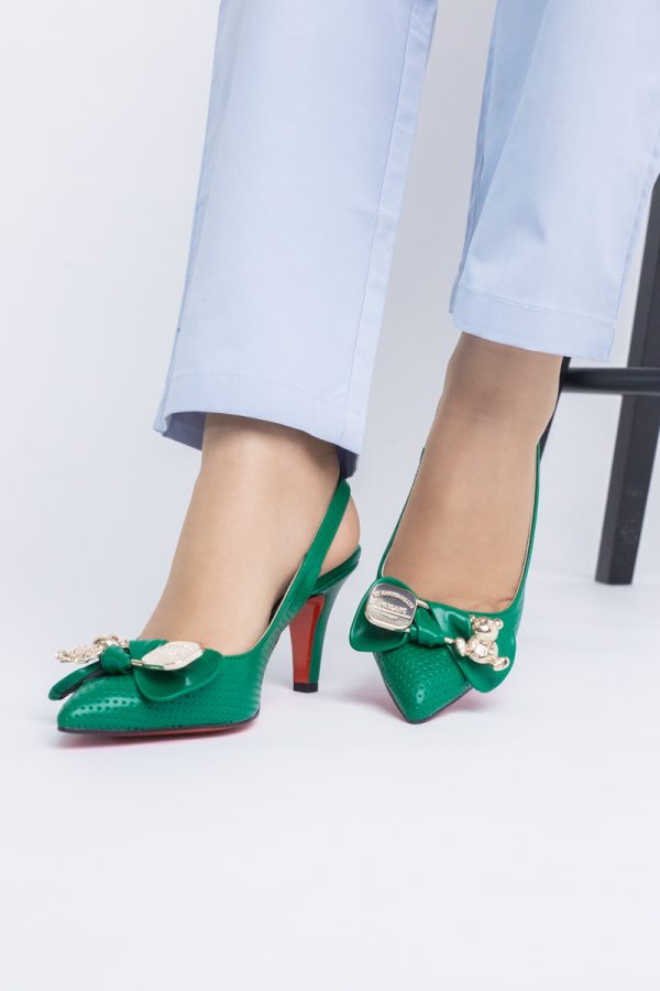 Pantofi Damă cu Toc Subțire din Piele Ecologică cu Elemente Metalice Verde BS700AY2402788 121