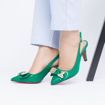 Pantofi Damă cu Toc Subțire din Piele Ecologică cu Elemente Metalice Verde BS700AY2402788