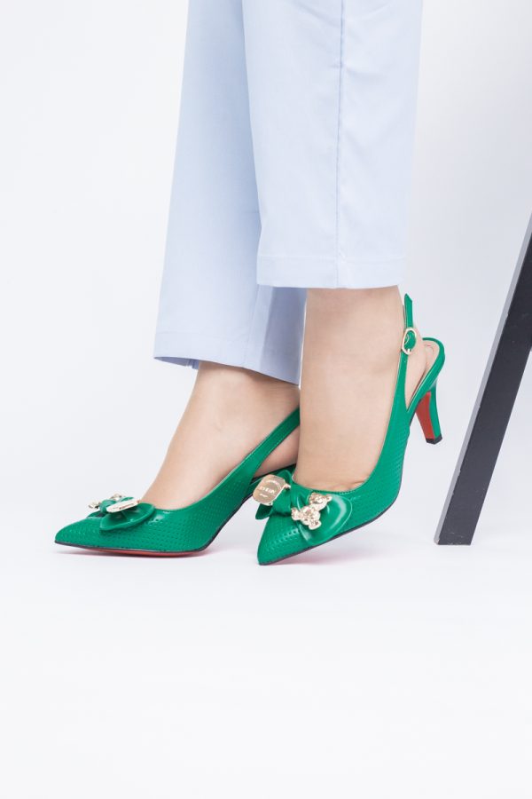 Pantofi Damă cu Toc Subțire din Piele Ecologică cu Elemente Metalice Verde BS700AY2402788 119