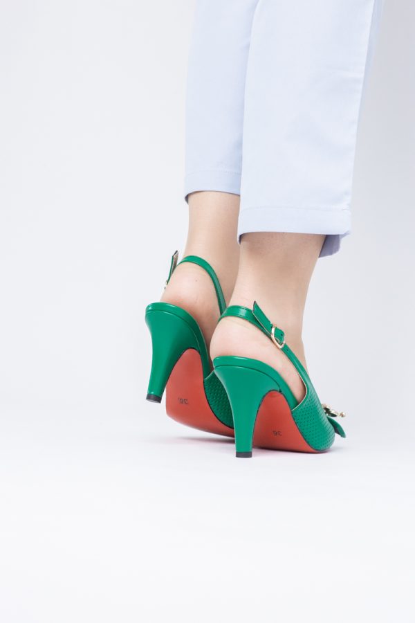 Pantofi Damă cu Toc Subțire din Piele Ecologică cu Elemente Metalice Verde BS700AY2402788 123