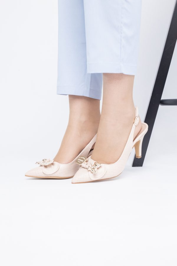 Pantofi Damă cu Toc Subțire din Piele Ecologică cu Elemente Metalice Bej (BS700AY2402787) 119