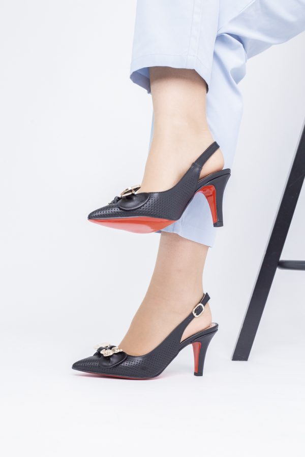 Pantofi Damă cu Toc Subțire din Piele Ecologică cu Elemente Metalice Negri (BS700AY2402786) 123