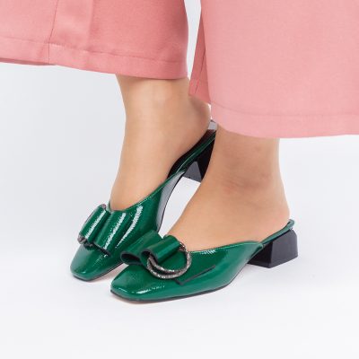 Saboți Damă Toc Jos banda cu pietricele Piele Ecologică Verde Inchis BS410TR2402764