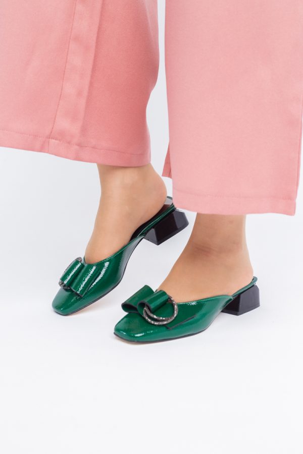 Saboți Damă Toc Jos banda cu pietricele Piele Ecologică Verde Inchis BS410TR2402764 123