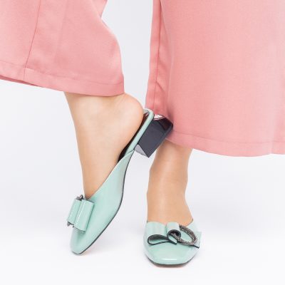 Saboți Damă Toc Jos banda cu pietricele Piele Ecologică Verde BS410TR2402766
