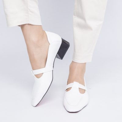 Pantofi Damă cu Toc Jos din Piele Ecologică Alb Mat (BS501D2403849)