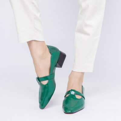 Pantofi Damă cu Toc Jos din Piele Ecologică Verde Lucios (BS501D2403840)