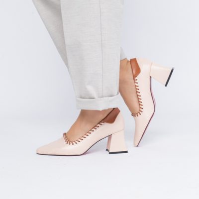 Pantofi Damă cu Toc din Piele Ecologică Bej cu Maro BS607AY2404060