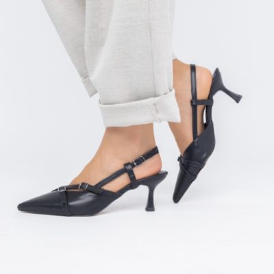Pantofi Damă cu Toc Subțire din Piele Ecologică cu cataramă Negru mat BS100AY2404140