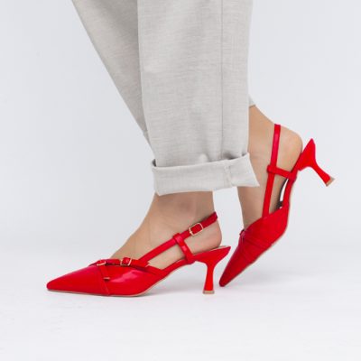Pantofi Damă cu Toc Subțire din Piele Ecologică cu cataramă Roșu BS100AY2404141