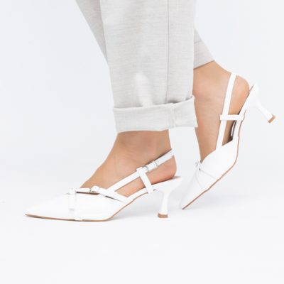 Pantofi Damă cu Toc Subțire din Piele Ecologică cu cataramă alb mat BS100AY2404145