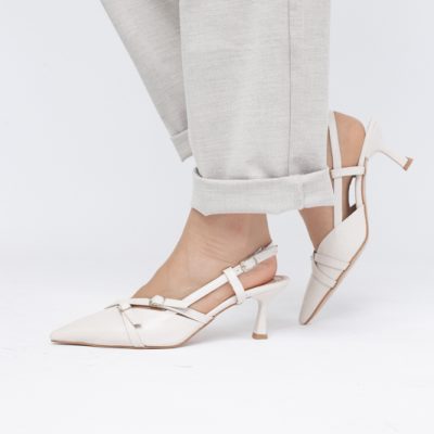 Pantofi Damă cu Toc Subțire din Piele Ecologică cu cataramă bej BS100AY2404144