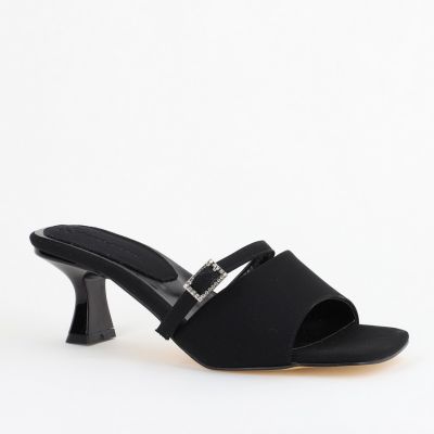Saboți Damă Cu Toc Subțire Piele Ecologică Cu Cataramă Culoare Negru Mat BS115TR2403817