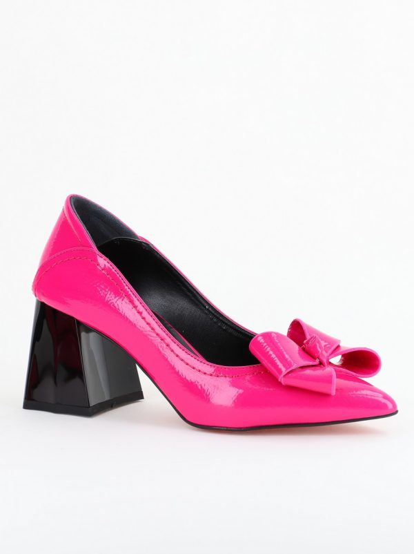 Incaltaminte Dama - Pantofi Damă cu Toc din Piele Ecologică cu fundiță fuchsia lucios (BS2000D2403851)