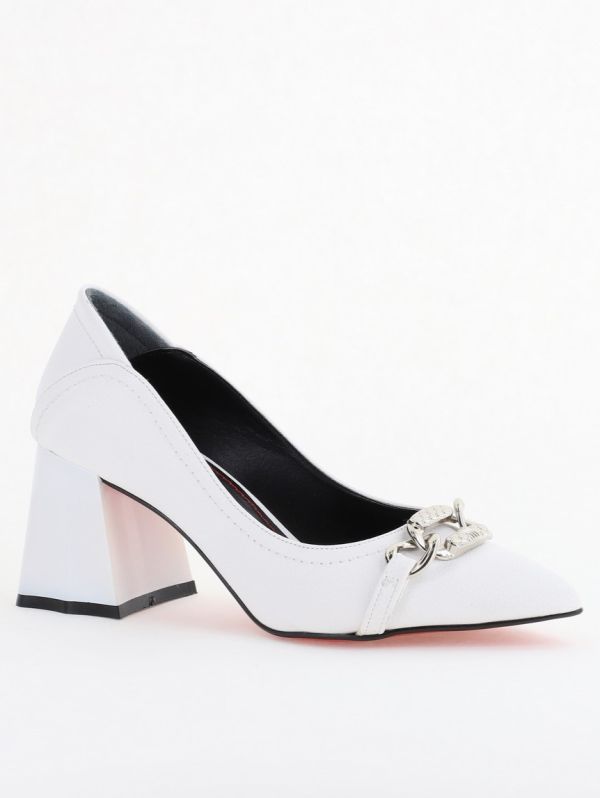 Incaltaminte Dama - Pantofi Damă cu Toc Gros din Piele Ecologică cu Elemente Metalice Alb (BS2004D2403836)