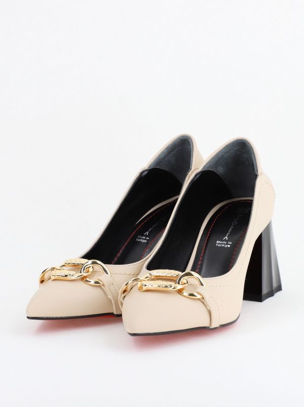 Pantofi Damă cu Toc Gros din Piele Ecologică cu Elemente Metalice Bej (BS2004D2402775) 122