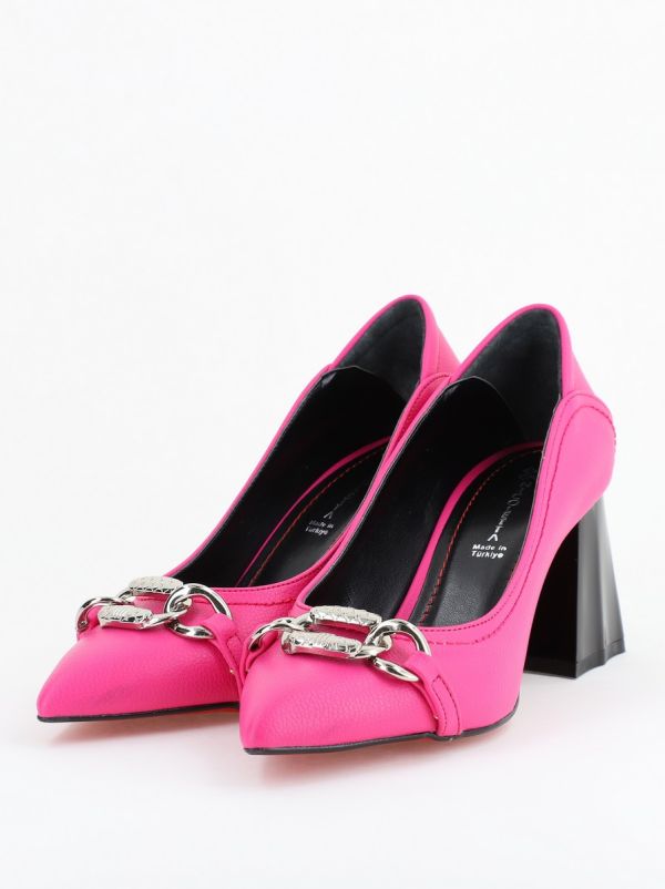 Pantofi Damă cu Toc Gros din Piele Ecologică cu Elemente Metalice Fichsia (BS2004D2402777) 122