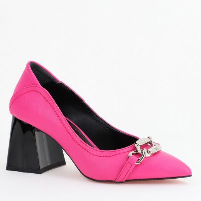 Pantofi Damă cu Toc Gros din Piele Ecologică cu Elemente Metalice Fichsia (BS2004D2402777)