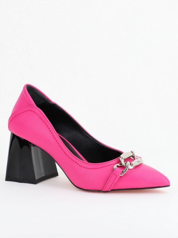 Incaltaminte Dama - Pantofi Damă cu Toc Gros din Piele Ecologică cu Elemente Metalice Fichsia (BS2004D2402777)