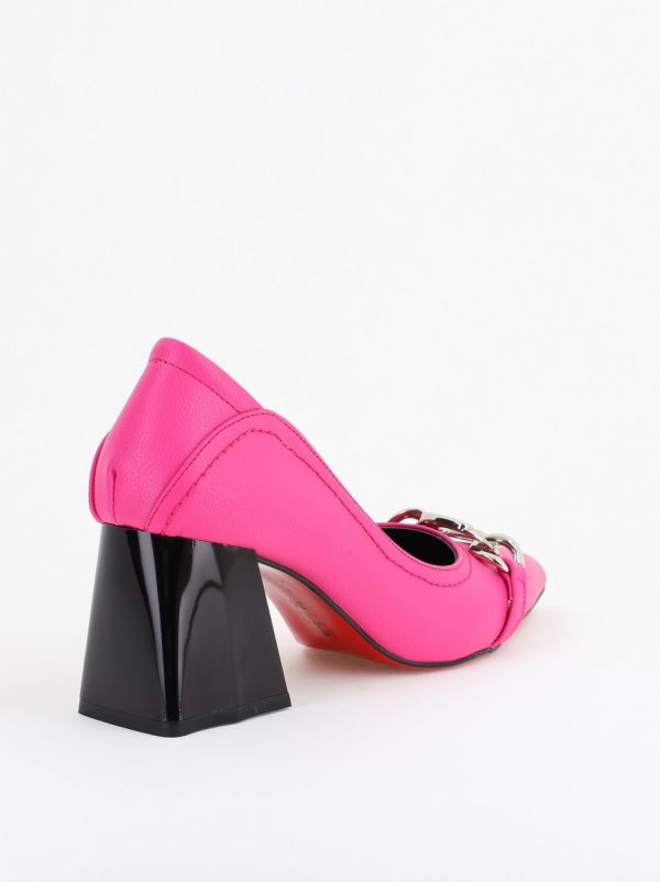 Pantofi Damă cu Toc Gros din Piele Ecologică cu Elemente Metalice Fichsia (BS2004D2402777) 126