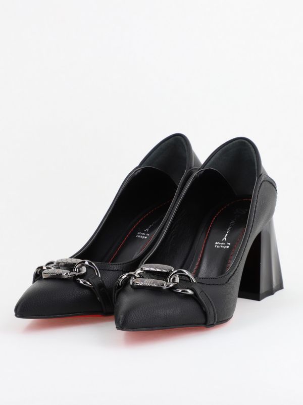 Pantofi Damă cu Toc Gros din Piele Ecologică cu Elemente Metalice Negri (BS2004D2402773) 122