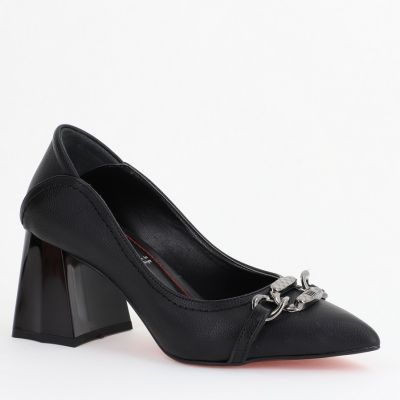 Pantofi Damă cu Toc Gros din Piele Ecologică cu Elemente Metalice Negri (BS2004D2402773)