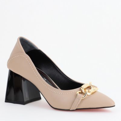 Pantofi Damă cu Toc Gros din Piele Ecologică cu Elemente Metalice Taupe(BS2004D2402774)