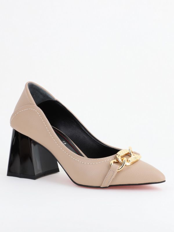 Incaltaminte Dama - Pantofi Damă cu Toc Gros din Piele Ecologică cu Elemente Metalice Taupe(BS2004D2402774)
