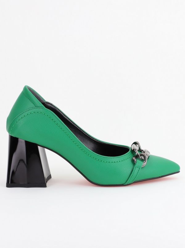 Pantofi Damă cu Toc Gros din Piele Ecologică cu Elemente Metalice Verde (BS2004D2402772) 122
