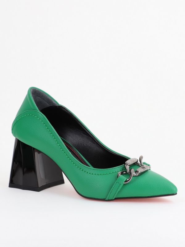 Incaltaminte Dama - Pantofi Damă cu Toc Gros din Piele Ecologică cu Elemente Metalice Verde (BS2004D2402772)