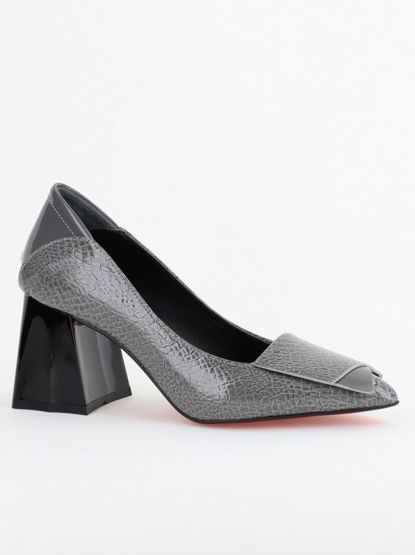 Incaltaminte Dama - Pantofi Damă cu Toc Gros din Piele Ecologică Gri (BS2002D2403835)