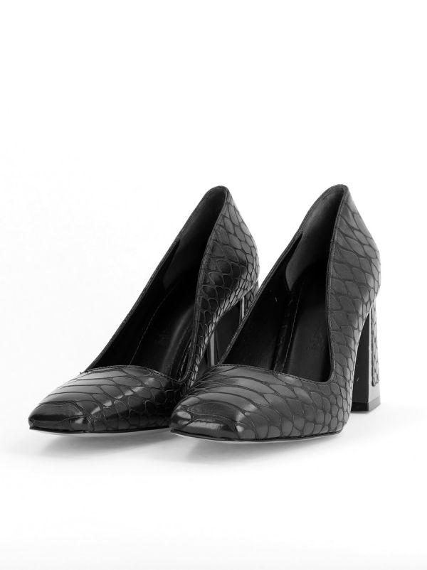 Pantofi Damă cu Toc Gros din Piele Ecologică texturată Negru BS02AY2402771 119