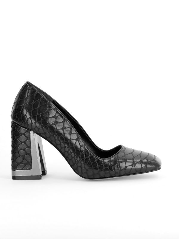 Pantofi Damă cu Toc Gros din Piele Ecologică texturată Negru BS02AY2402771 120