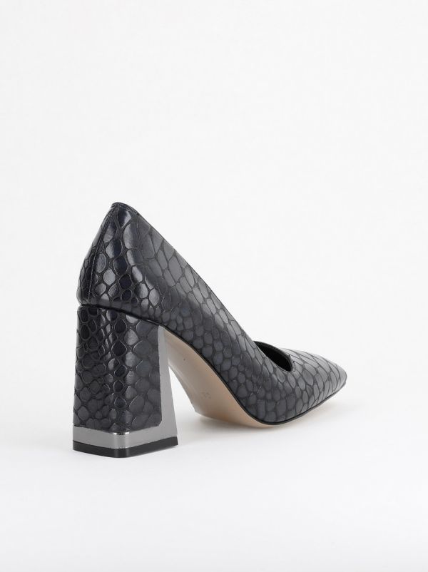 Pantofi Damă cu Toc Gros din Piele Ecologică texturată Negru BS02AY2402771 122