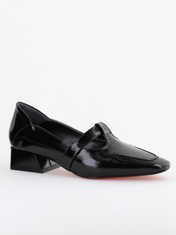 Incaltaminte Dama - Pantofi Damă cu Toc Jos din Piele Ecologică Negru Lucios (BS501D2403850)