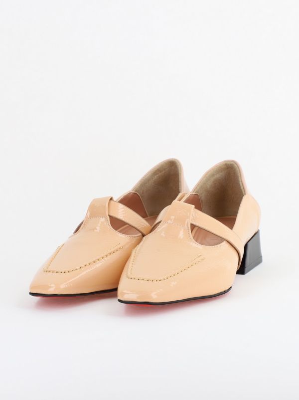 Pantofi Damă cu Toc Jos din Piele Ecologică Bej Lucios(BS501D2403845) 120