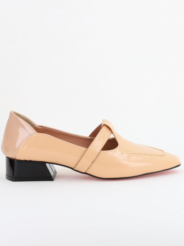 Pantofi Damă cu Toc Jos din Piele Ecologică Bej Lucios(BS501D2403845) 122