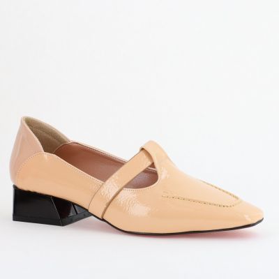 Pantofi Damă cu Toc Jos din Piele Ecologică Bej Lucios(BS501D2403845)
